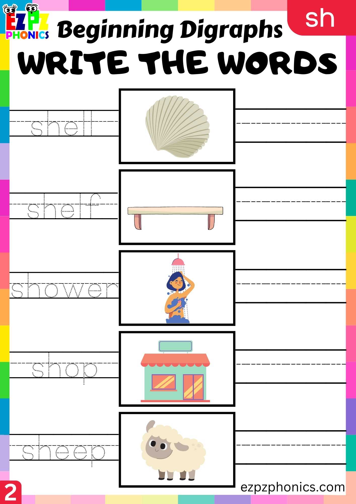 Group2 SH Words Write The Words Consonant Digraphs Phonics Beginning Worksheet